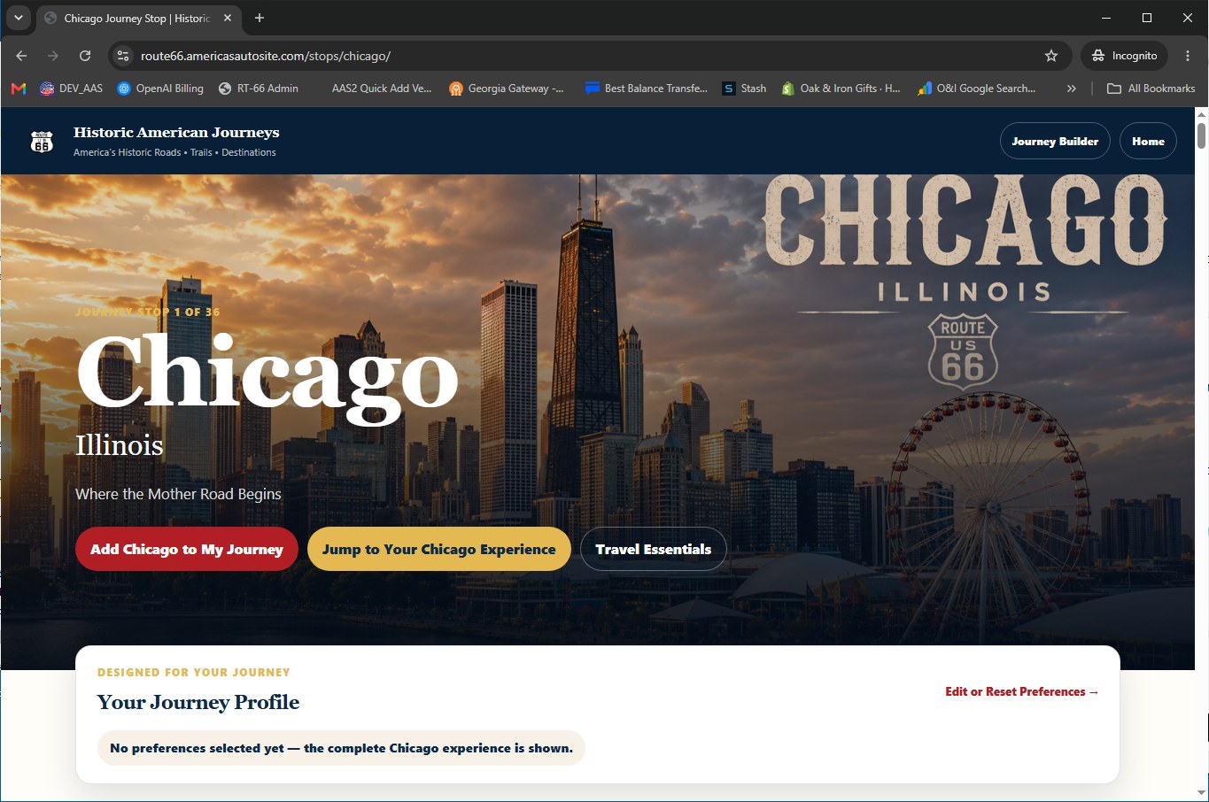 Chicago Journey Profile and personalized Route 66 experience recommendations